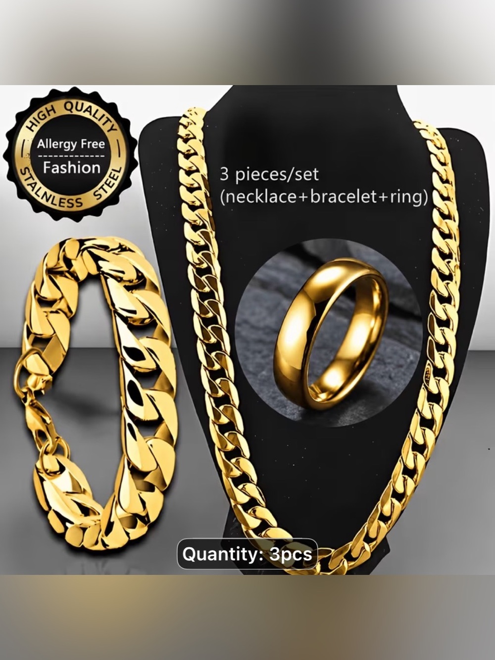 Gold-Tone Cuban Link Necklace, Bracelet & Ring Set - 3pc
